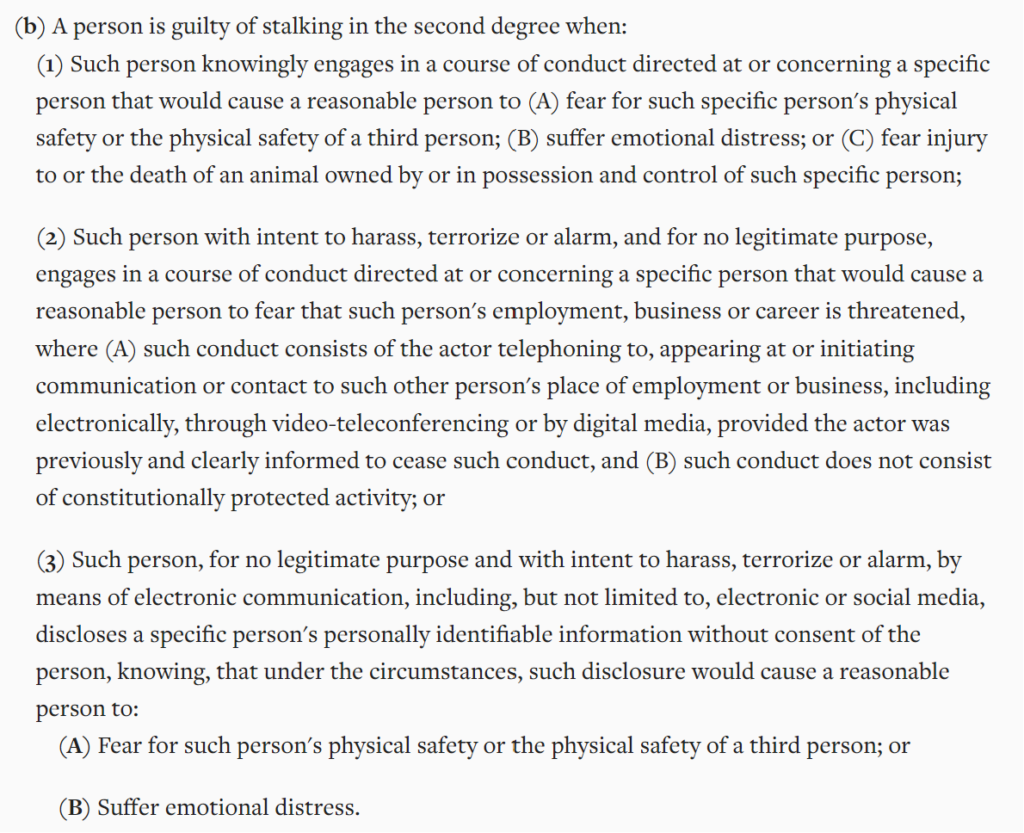 Connecticut stalking in the second degree - Conn. Gen. Stat. § 53a-181d