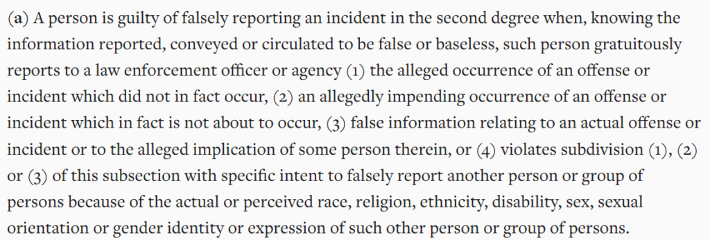 Connecticut swatting law - Conn. Gen. Stat. § 53a-180c