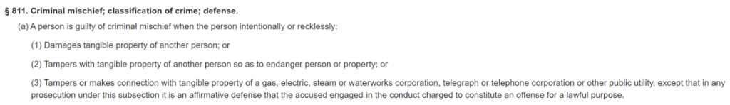 Delaware criminal mischief law - 11 DE Code § 811