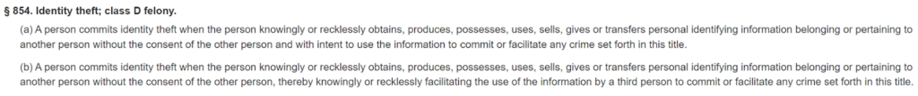 Delaware identity theft law - 11 DE Code § 854