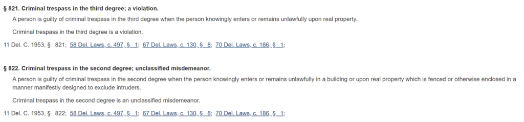 Delaware criminal trespass law - 11 DE Code § 821 and 11 DE Code § 822