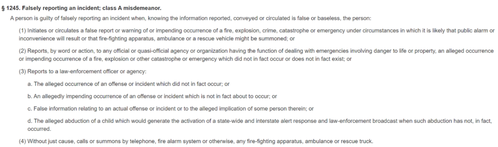 Delaware swatting law - 11 DE Code § 1245