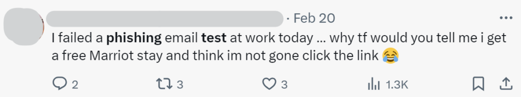 Tweet about failing a phishing test at work