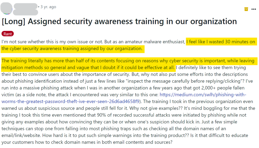 Reddit post about bad security awareness training