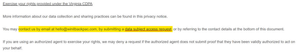 Win It Back privacy policy - rights under the Virginia CDPA