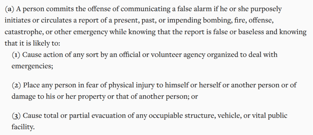 Arkansas communicating a false alarm law (swatting) - Ark. Code § 5-71-210