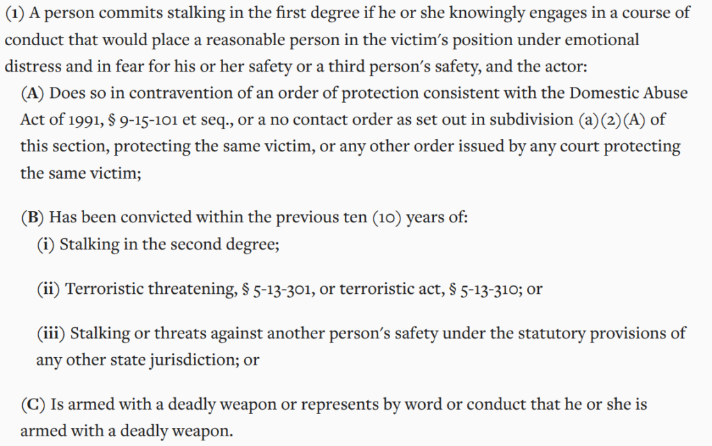 Arkansas stalking law - Ark. Code § 5-71-229