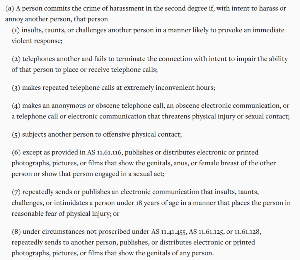 Alaska harassment law - Alaska Stat. § 11.61.120