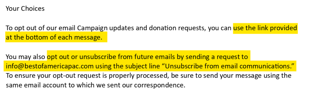 Best of America privacy policy - your choices
