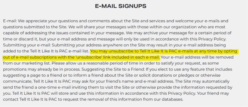 Tell it like it is privacy policy - e-mail signups