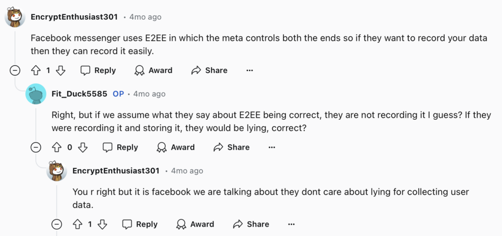 Reddit discussion on Messenger's end-to-end encryption