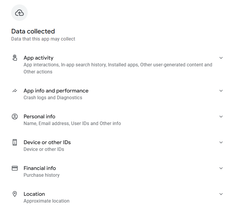 Data collected by the Mistplay app according to its Google Play page