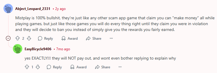 Negative Reddit post about Mistplay