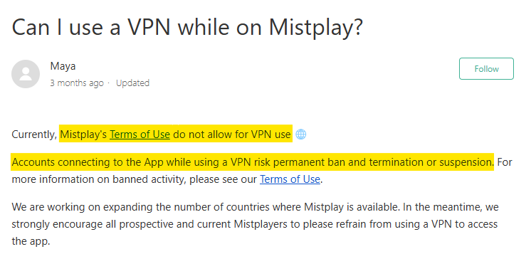 Mistplay's stance on VPN use