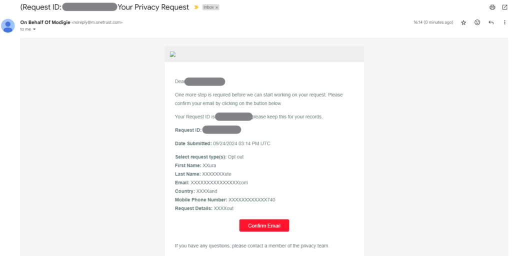 Modigie email confirmation link