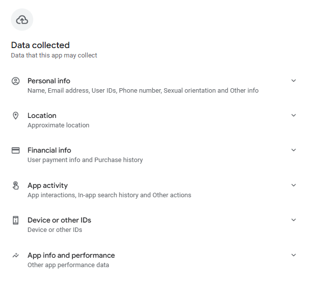 MX Player 'Data collected' as per Google Play