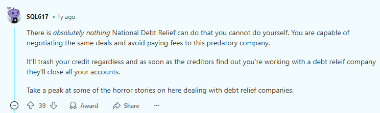 Reddit post about National Debt Relief