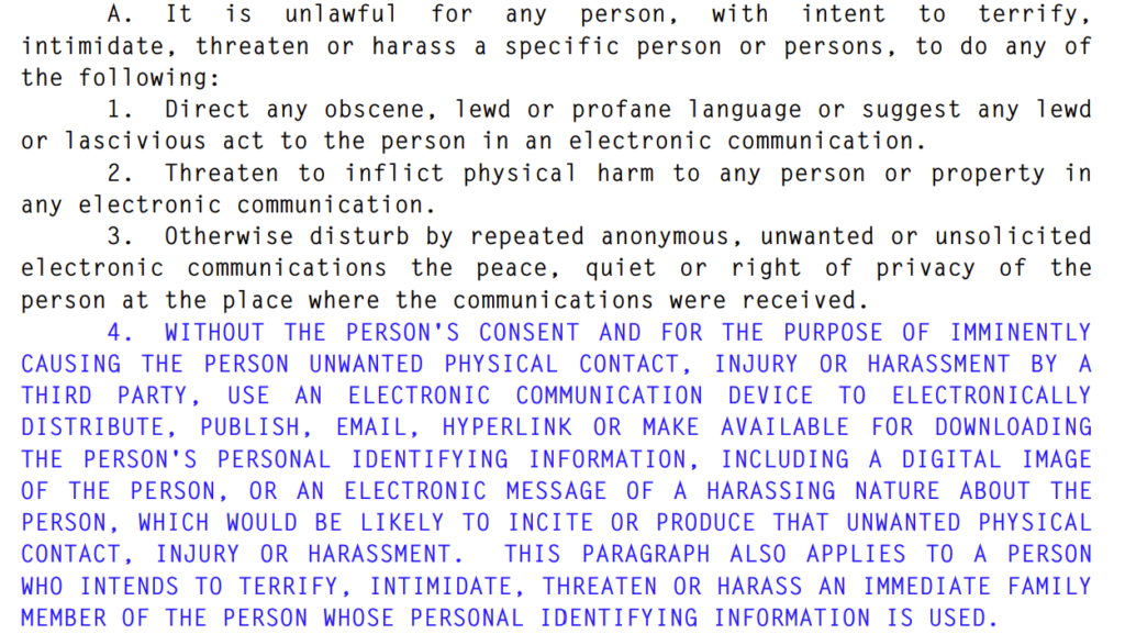 Arizona Revised Statutes. § 13-2916(A)(4) - doxxing