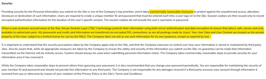 NSLS security measures according to its privacy policy