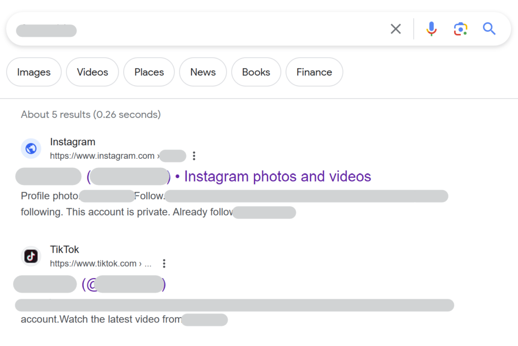 Google Search results for username