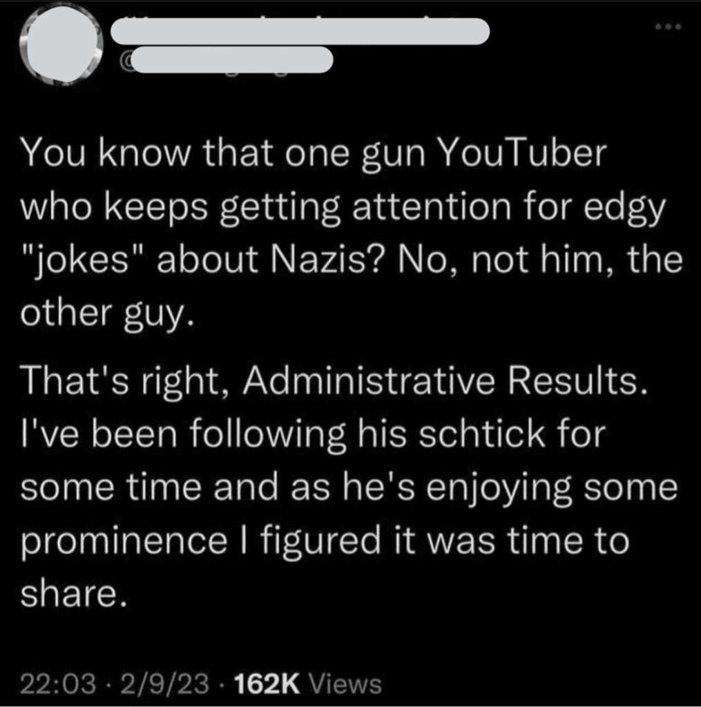 X/Twitter post doxxing guntuber Administrative Results