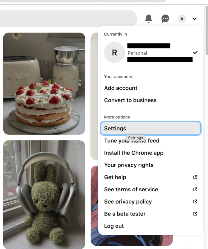 Pinterest menu - Settings option