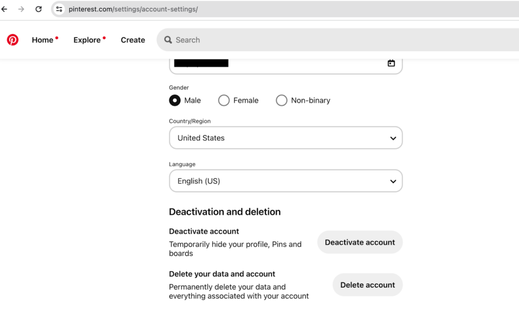 Pinterest account settings - Deactivation and deletion section