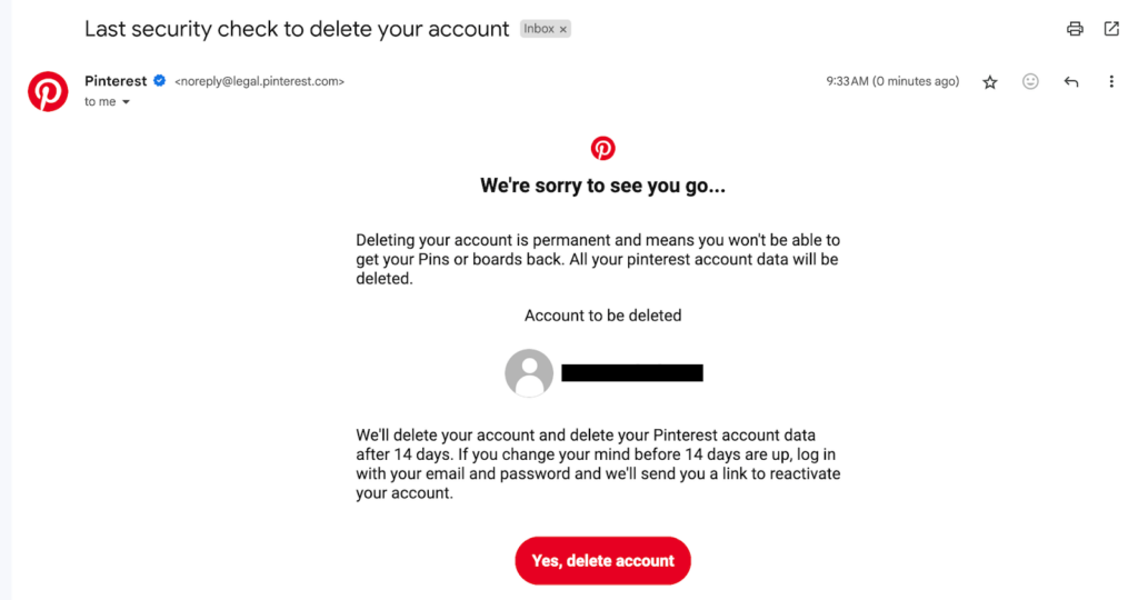 Pinterest email confirmation for account deletion
