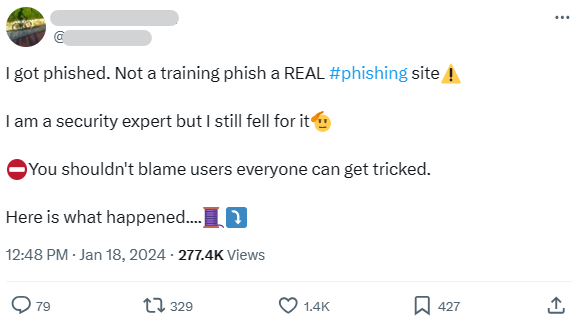 Twitter/X post from a security expert who got phished