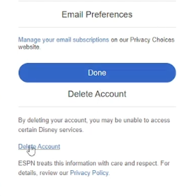 ESPN delete account button