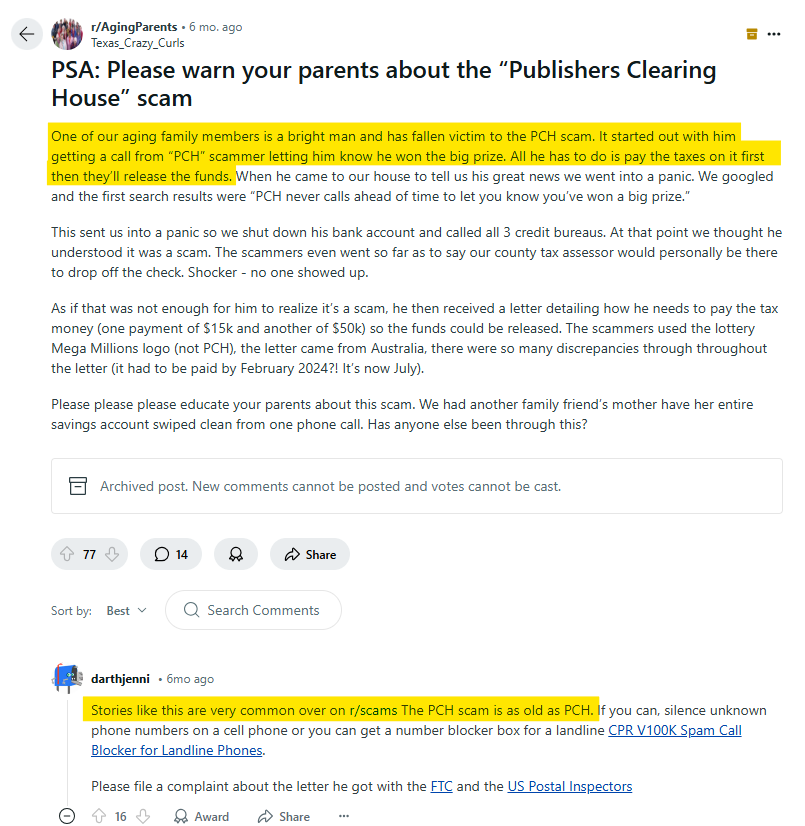 PCH scam reddit post