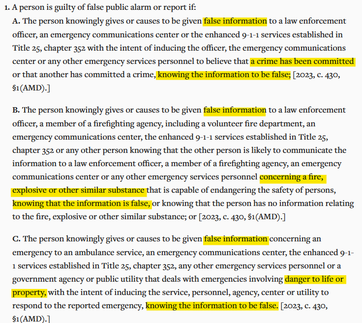 Maine false public alarm or report