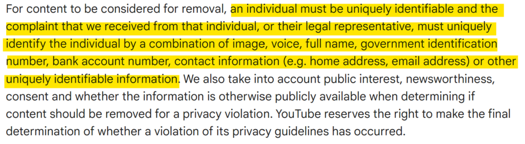 YouTube policy on how YouTube determine if content should be removed for doxxing