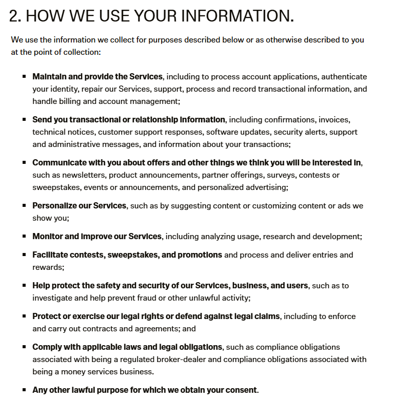 Robinhood "How we use your information" section