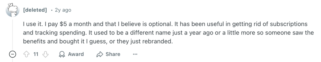 Reddit comment about Rocket Money and its usefulness for getting rid of subscriptions and tracking spending.