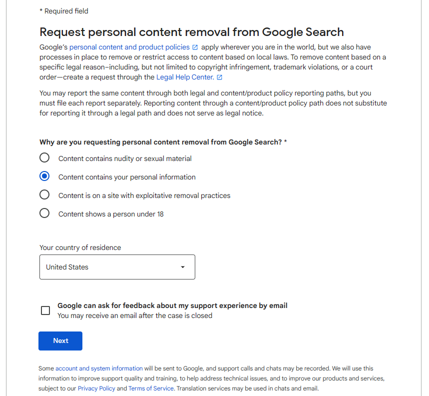Request personal content removal from Google Search form