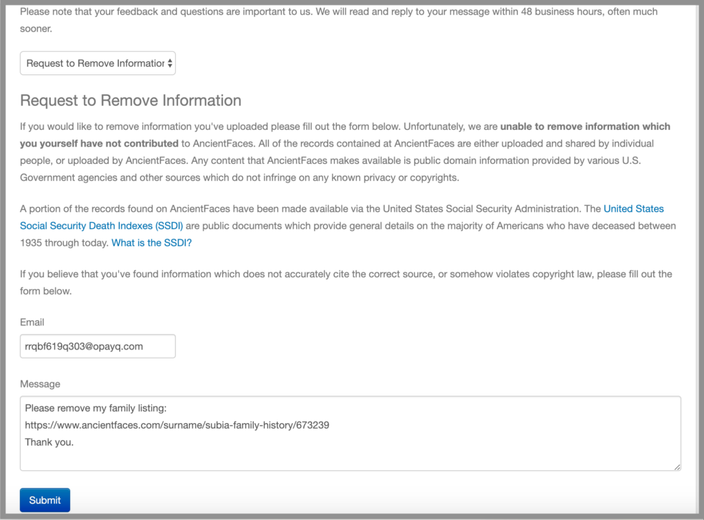 How to Remove Yourself from Ancient Faces opt out removal