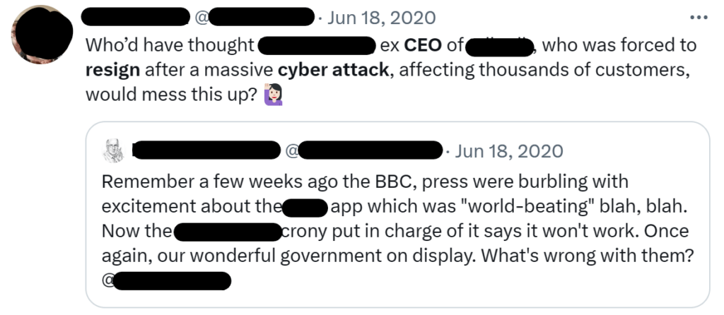 Twitter post about CEO resigning after a cyber attack