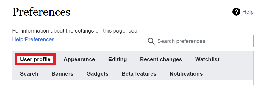 Wikipedia preferences - User profile button 