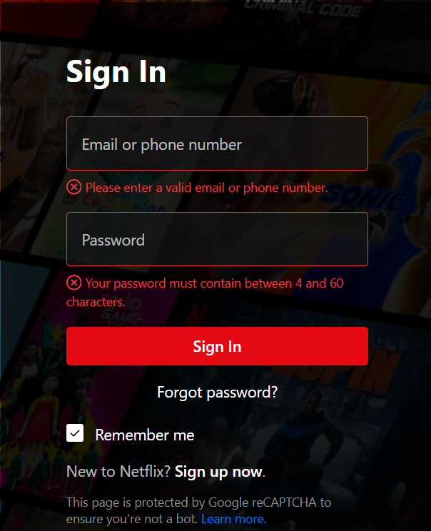 Netflix sign in page