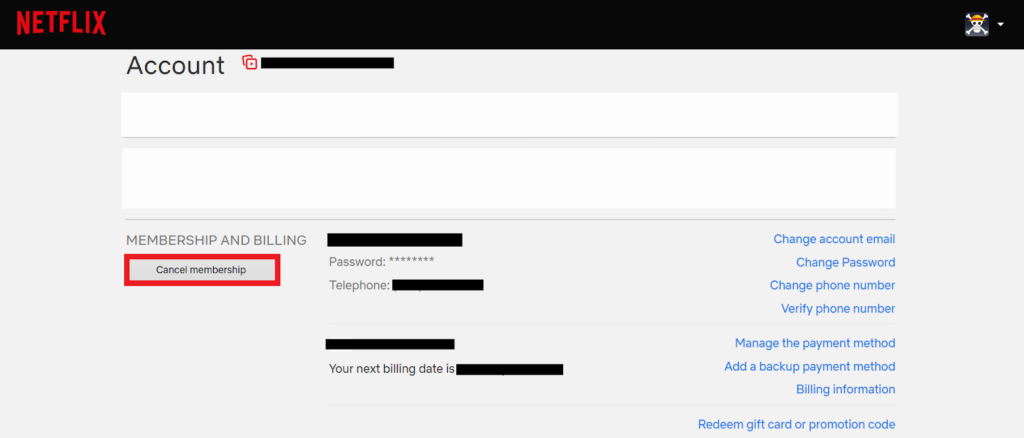 Netflix account - cancel membership option
