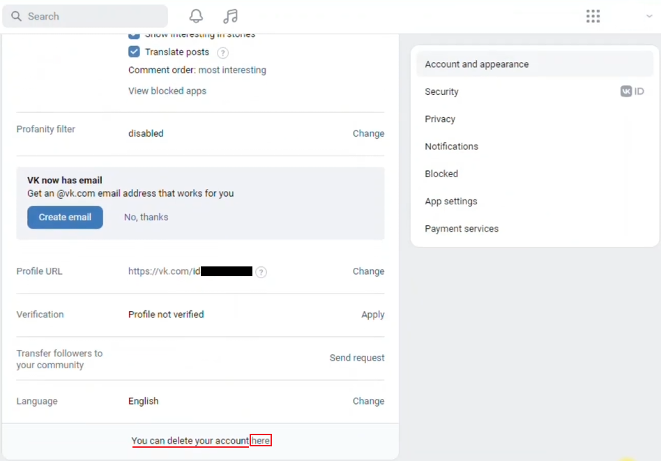 VK settings page - "You can delete your account here" link