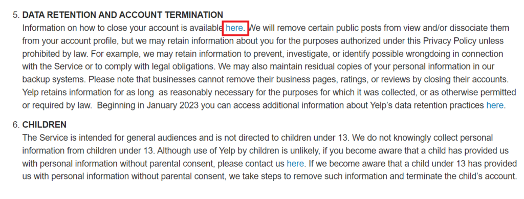 Yelp Privacy Policy - hyperlink to close your account 