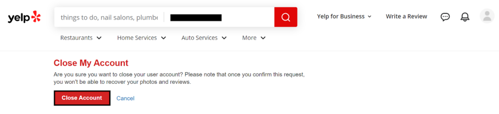 Yelp - close my account 