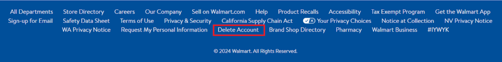 Walmart footer - Delete account