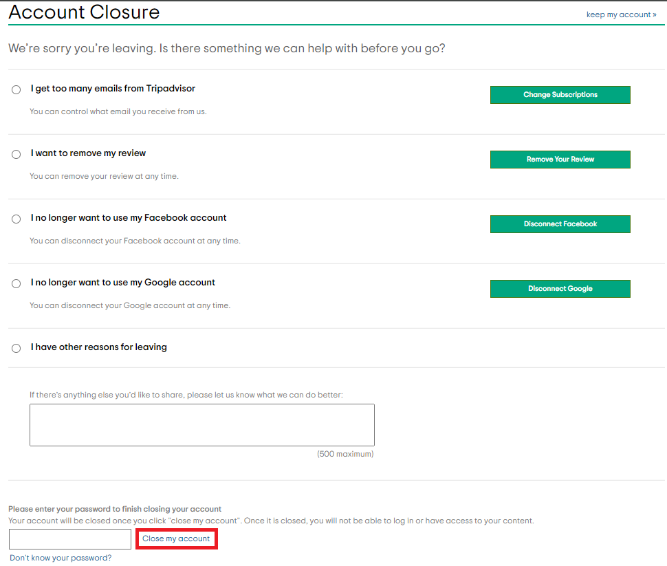 Tripadvisor account closure - reason for leaving and "Close my account" link