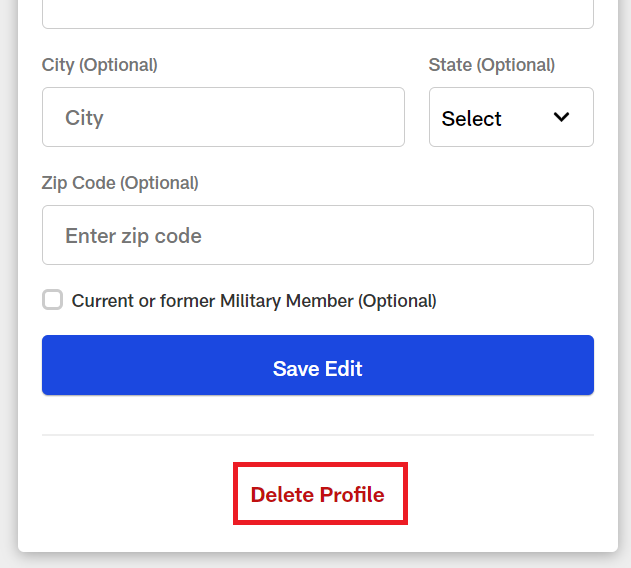 NFL Delete profile button