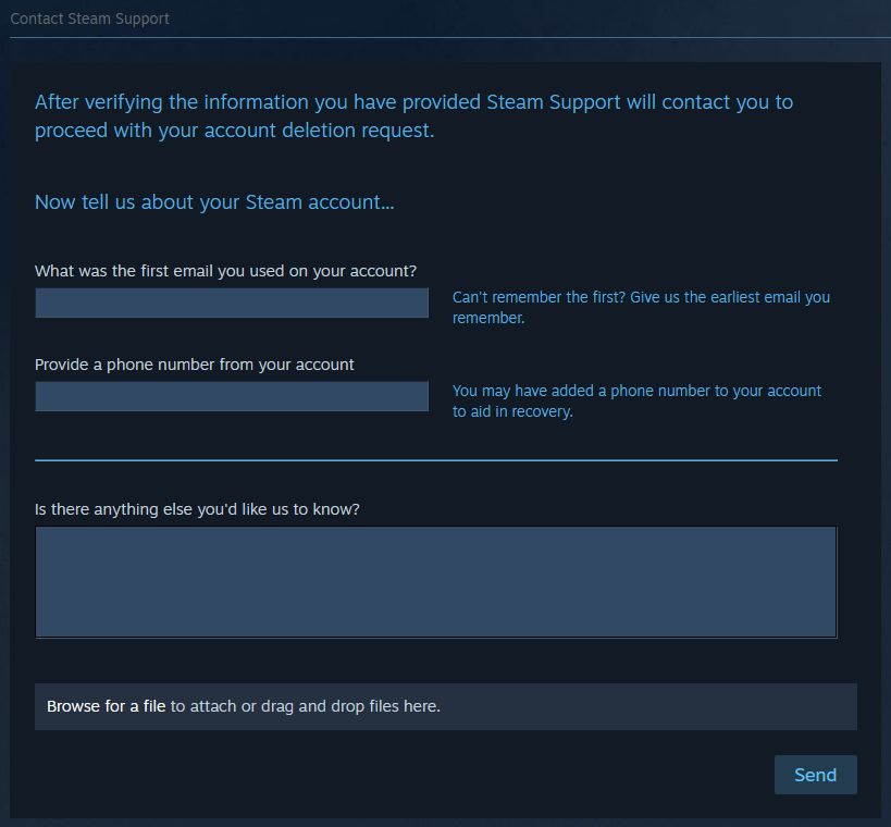 Steam account deletion request form