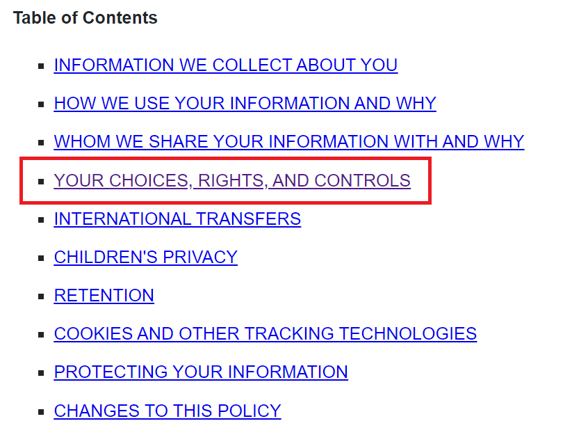 CBS News - Table of content and Your choices, rights and controls link 