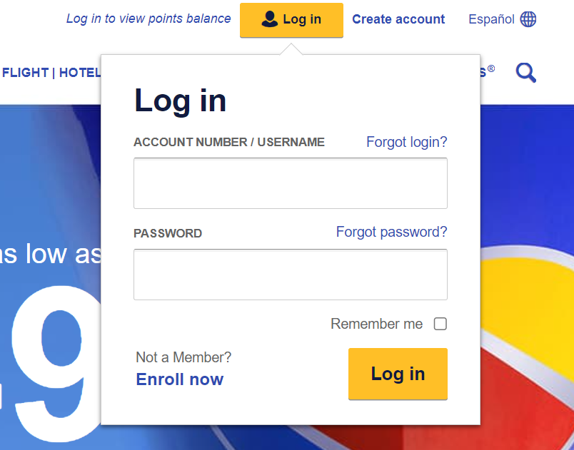 Southwest log in page